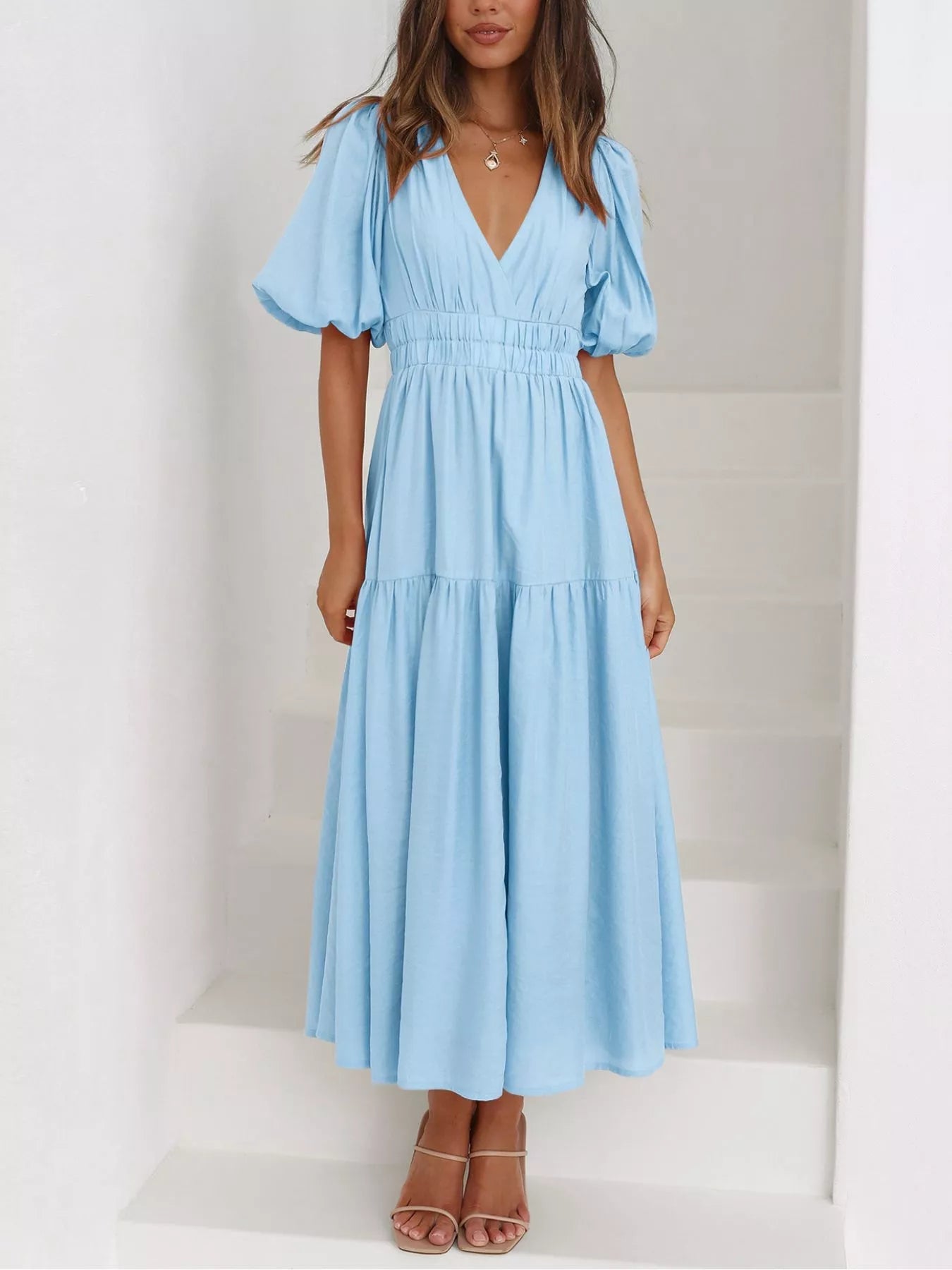 Elegant Puff Sleeve V-Neck Midi Dress - Bitsy Gypsy Boutique