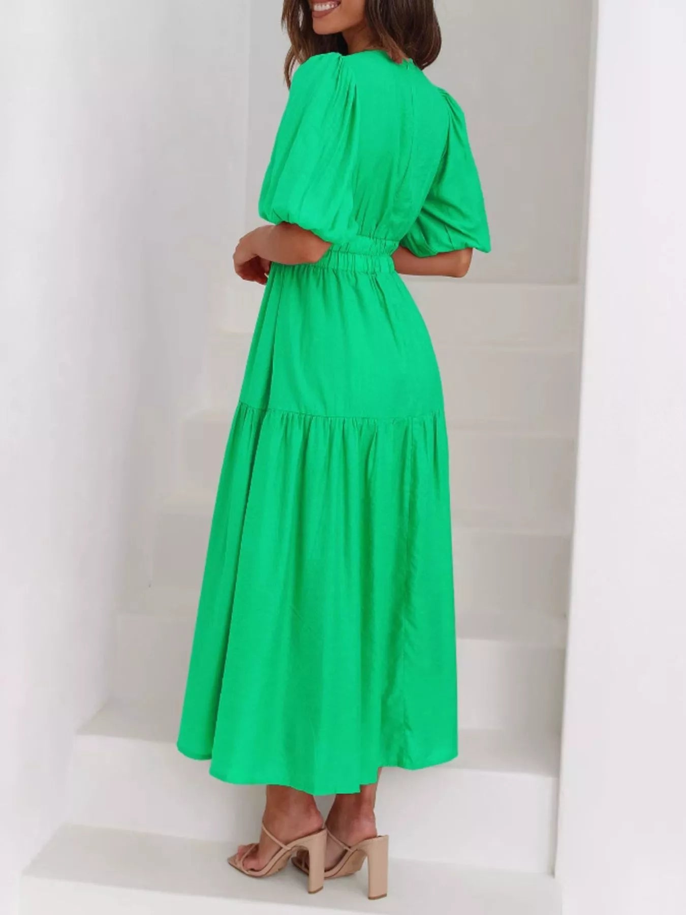 Elegant Puff Sleeve V-Neck Midi Dress - Bitsy Gypsy Boutique