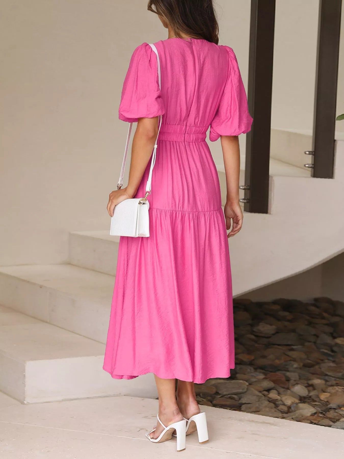 Elegant Puff Sleeve V-Neck Midi Dress - Bitsy Gypsy Boutique