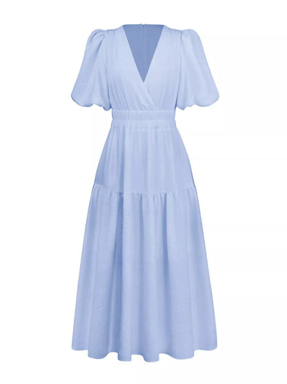 Elegant Puff Sleeve V-Neck Midi Dress - Bitsy Gypsy Boutique