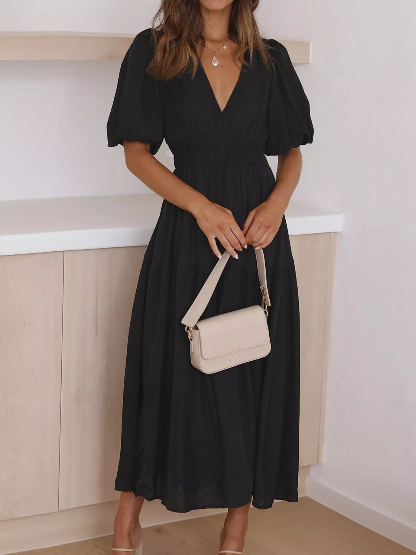 Elegant Puff Sleeve V-Neck Midi Dress - Bitsy Gypsy Boutique