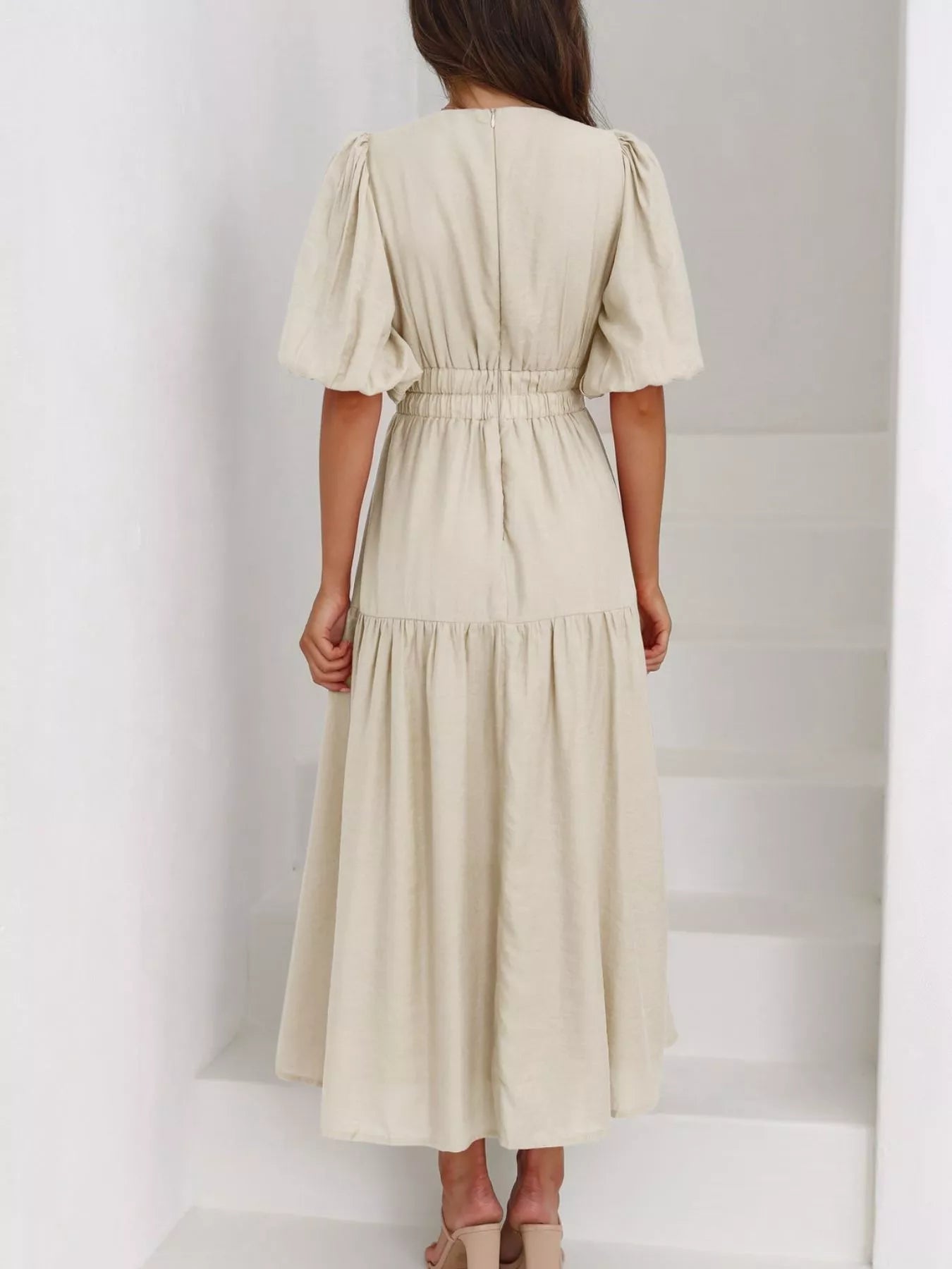 Elegant Puff Sleeve V-Neck Midi Dress - Bitsy Gypsy Boutique