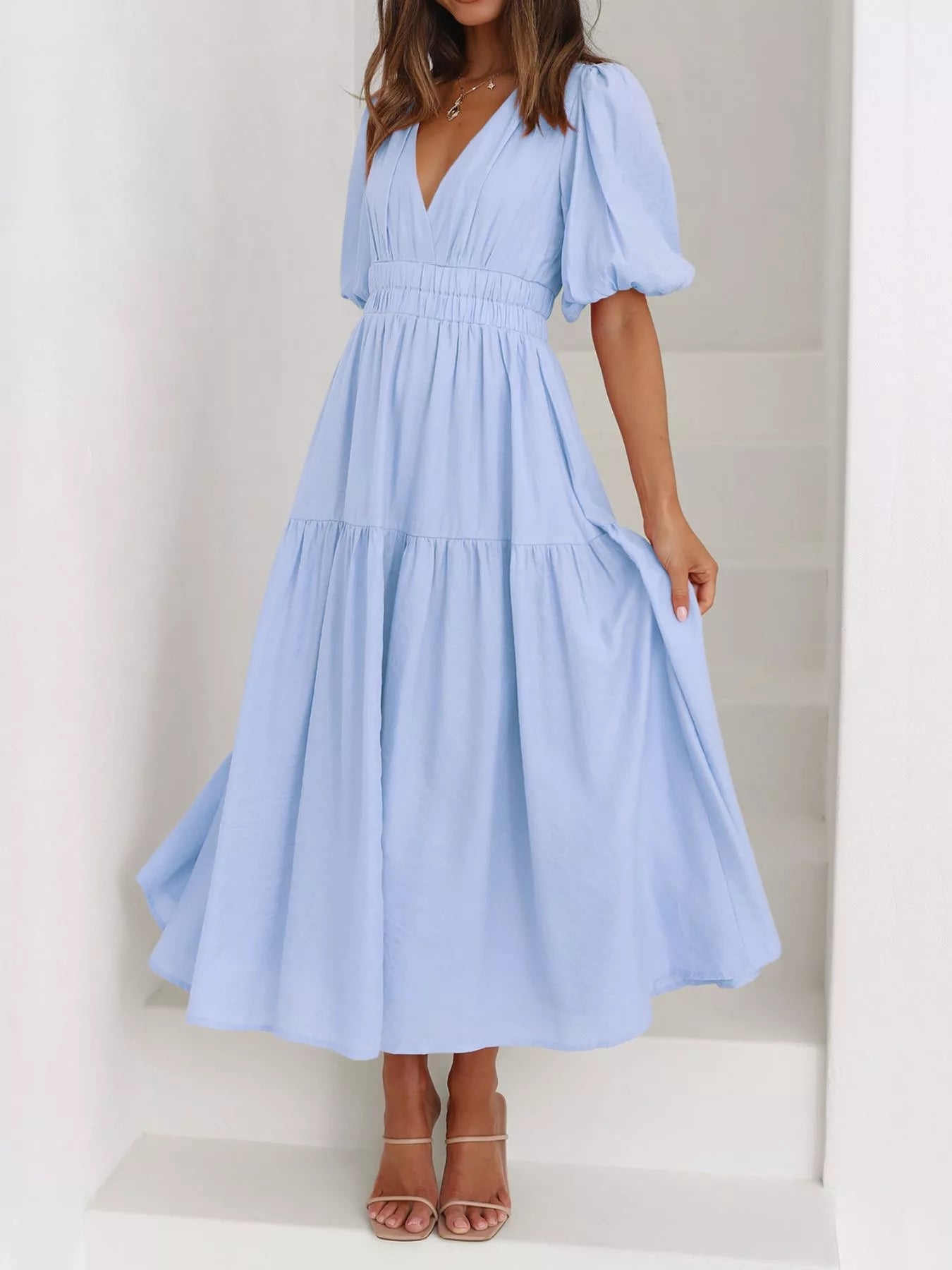 Elegant Puff Sleeve V-Neck Midi Dress - Bitsy Gypsy Boutique