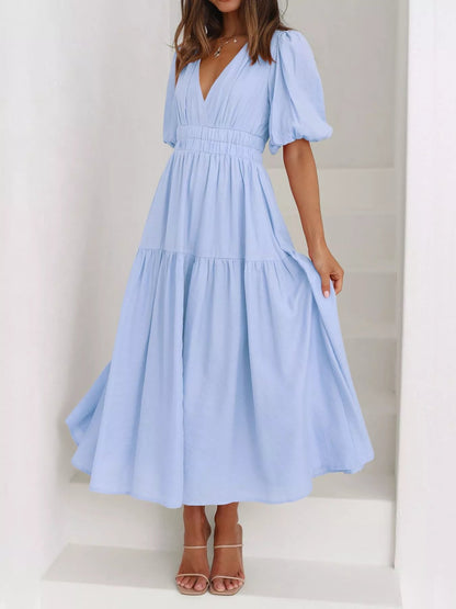 Elegant Puff Sleeve V-Neck Midi Dress - Bitsy Gypsy Boutique