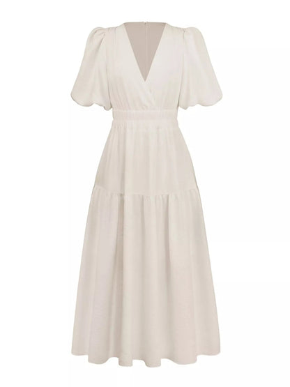 Elegant Puff Sleeve V-Neck Midi Dress - Bitsy Gypsy Boutique