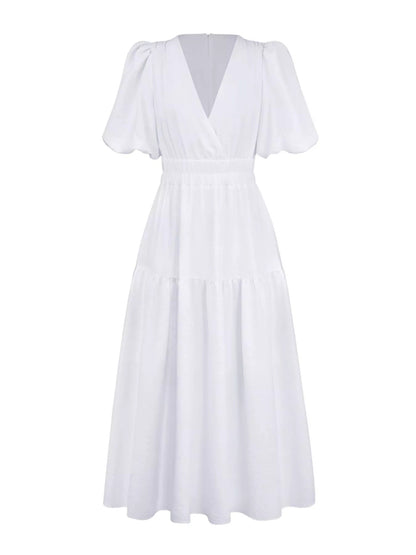 Elegant Puff Sleeve V-Neck Midi Dress - Bitsy Gypsy Boutique