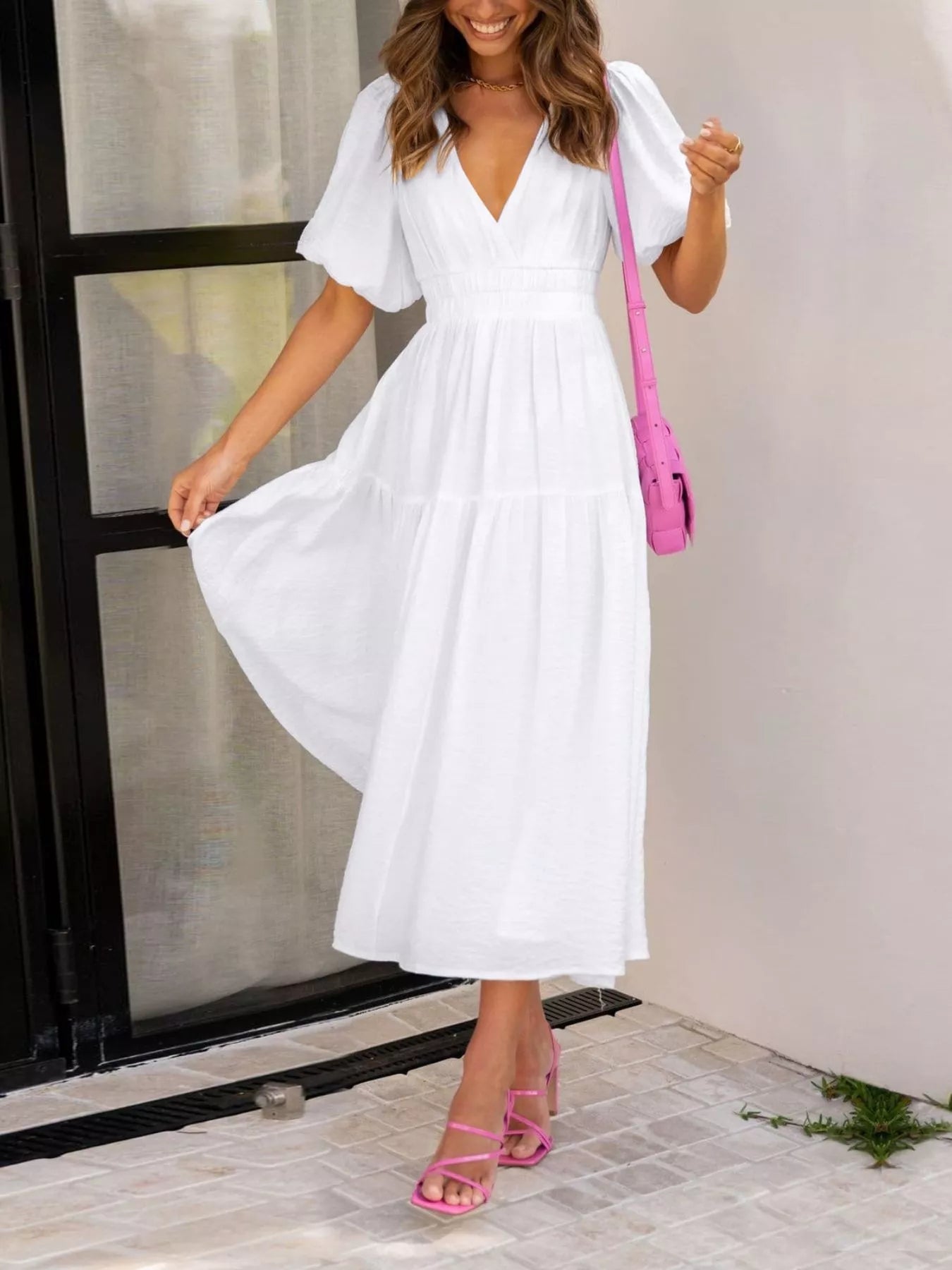 Elegant Puff Sleeve V-Neck Midi Dress - Bitsy Gypsy Boutique