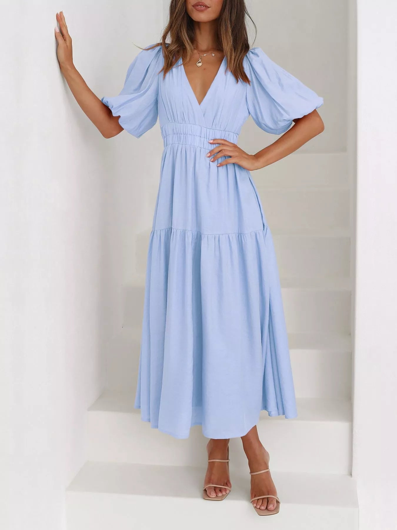 Elegant Puff Sleeve V-Neck Midi Dress - Bitsy Gypsy Boutique