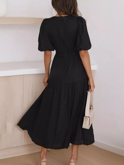 Elegant Puff Sleeve V-Neck Midi Dress - Bitsy Gypsy Boutique