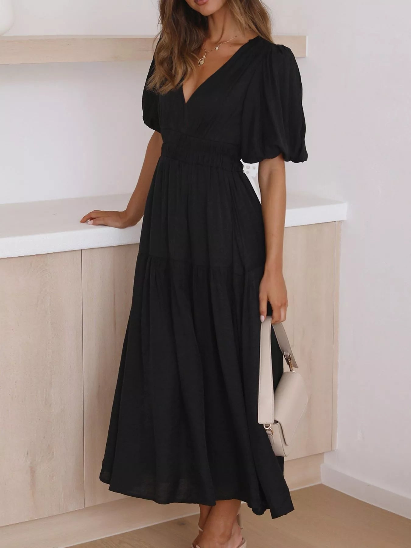 Elegant Puff Sleeve V-Neck Midi Dress - Bitsy Gypsy Boutique