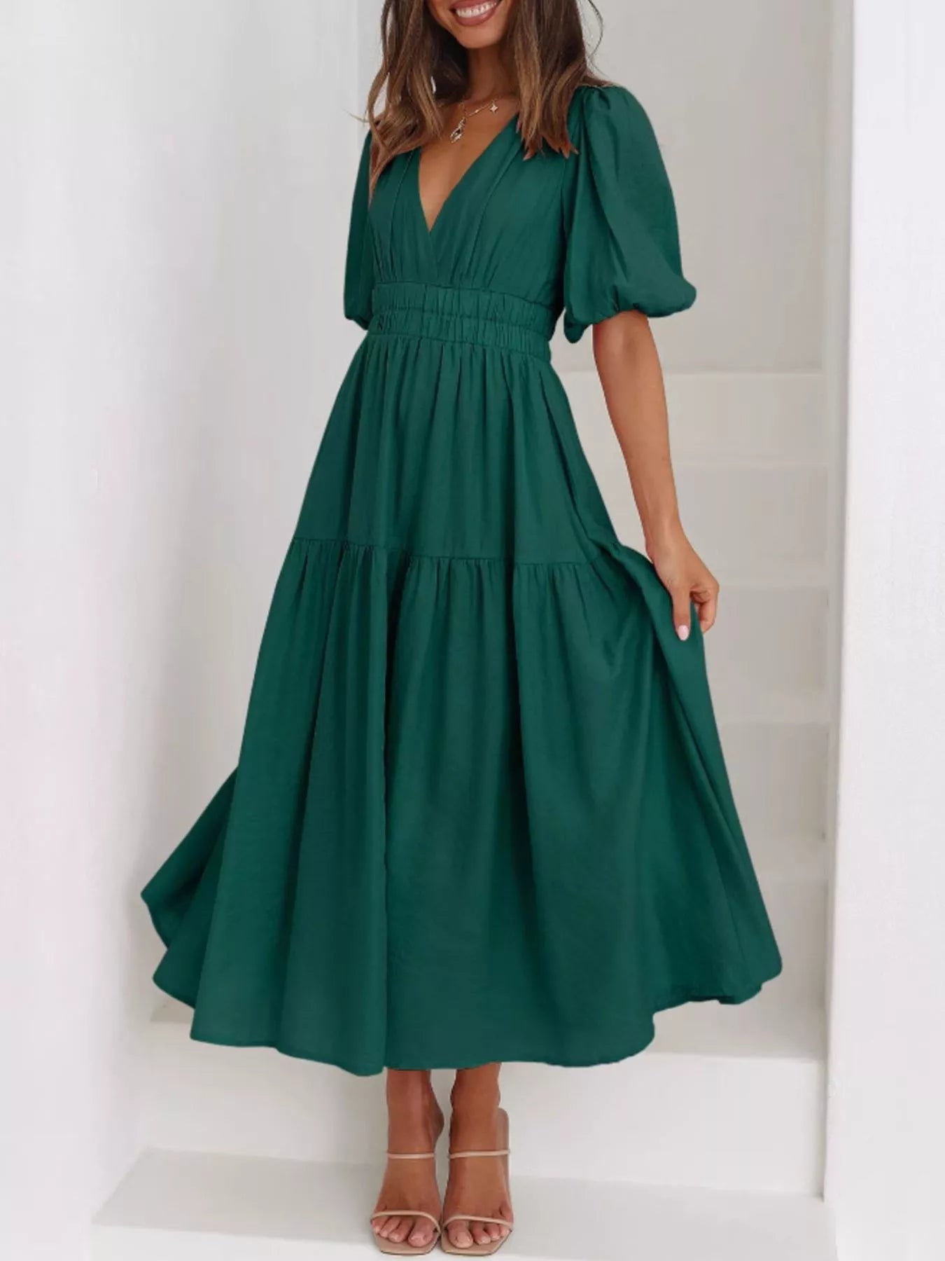 Elegant Puff Sleeve V-Neck Midi Dress - Bitsy Gypsy Boutique