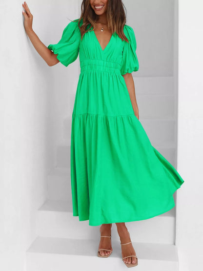 Elegant Puff Sleeve V-Neck Midi Dress - Bitsy Gypsy Boutique