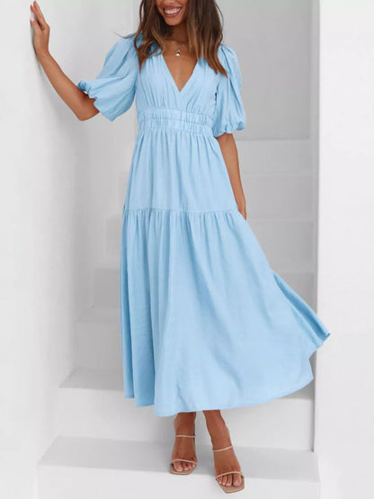 Elegant Puff Sleeve V-Neck Midi Dress - Bitsy Gypsy Boutique