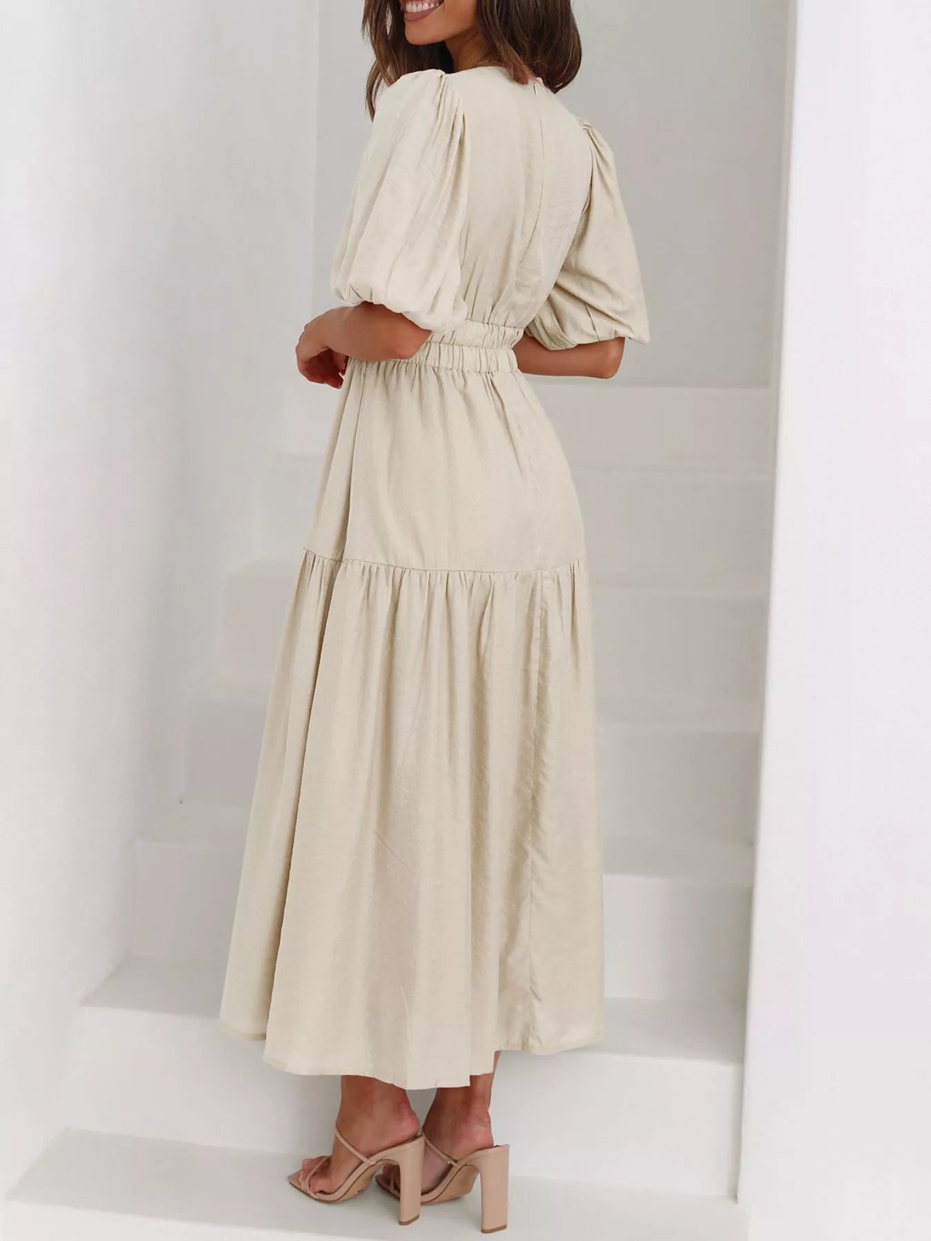 Elegant Puff Sleeve V-Neck Midi Dress - Bitsy Gypsy Boutique