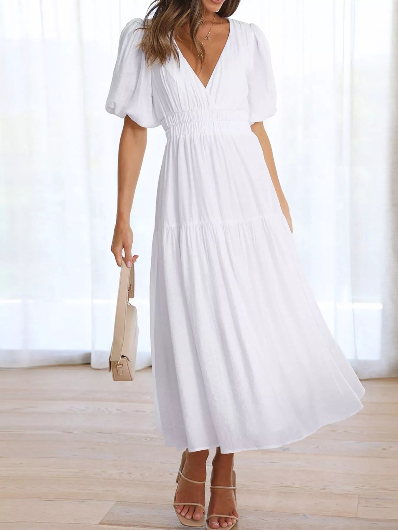 Elegant Puff Sleeve V-Neck Midi Dress - Bitsy Gypsy Boutique
