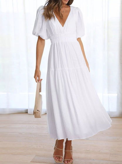 Elegant Puff Sleeve V-Neck Midi Dress - Bitsy Gypsy Boutique