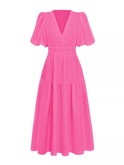 Elegant Puff Sleeve V-Neck Midi Dress - Bitsy Gypsy Boutique