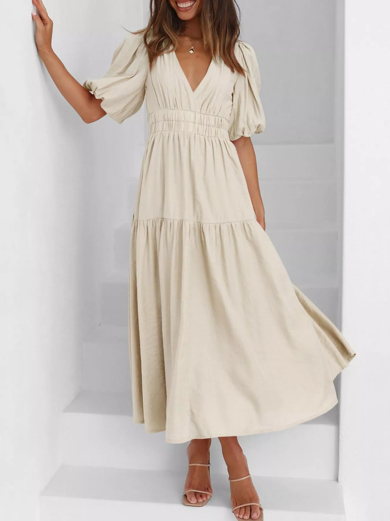 Elegant Puff Sleeve V-Neck Midi Dress - Bitsy Gypsy Boutique