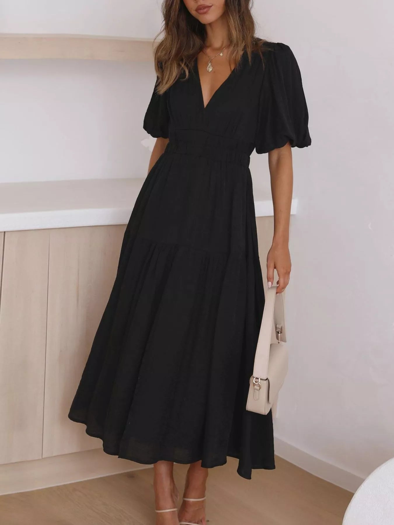 Elegant Puff Sleeve V-Neck Midi Dress - Bitsy Gypsy Boutique