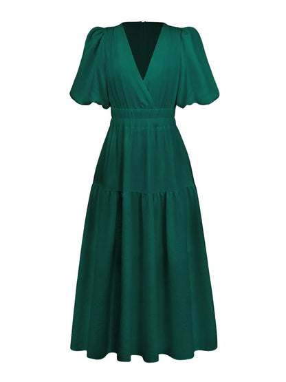 Elegant Puff Sleeve V-Neck Midi Dress - Bitsy Gypsy Boutique