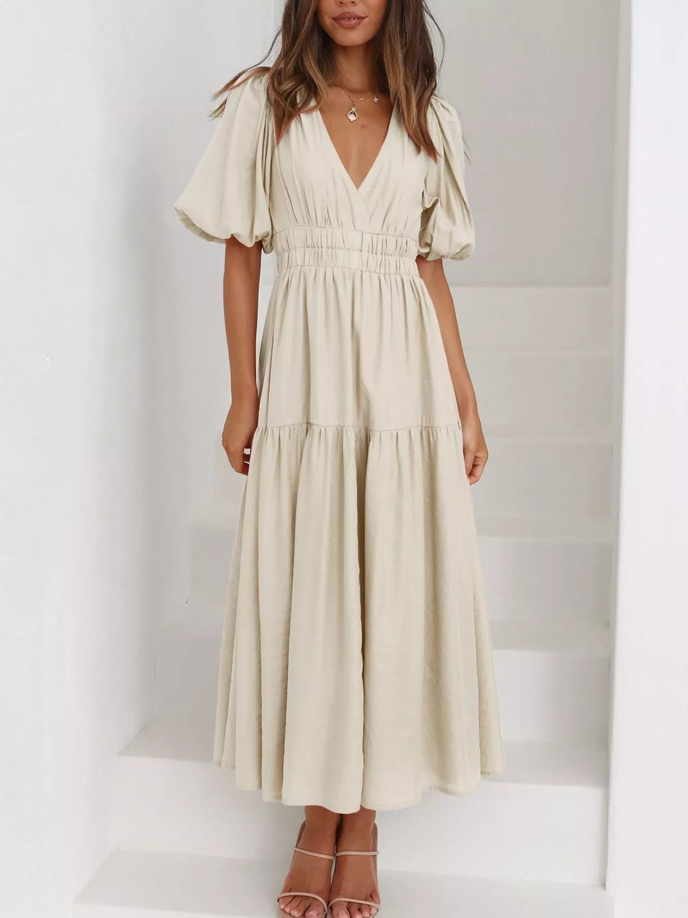 Elegant Puff Sleeve V-Neck Midi Dress - Bitsy Gypsy Boutique