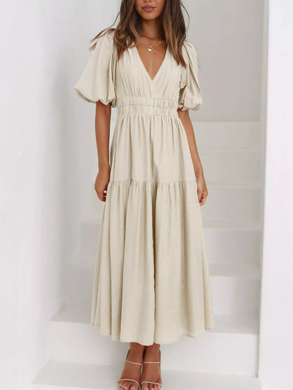 Elegant Puff Sleeve V-Neck Midi Dress - Bitsy Gypsy Boutique