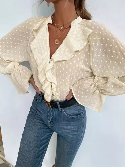 Elegant Ruffled Swiss Dot Blouse - Bitsy Gypsy Boutique