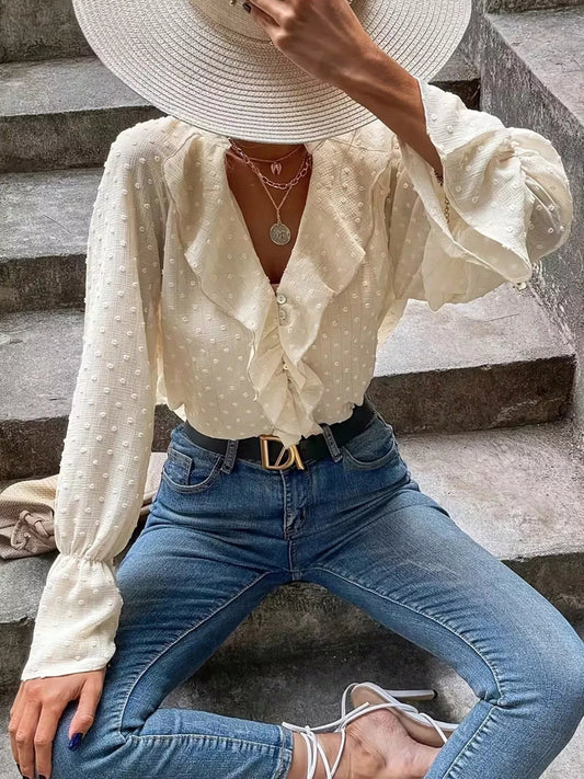 Elegant Ruffled Swiss Dot Blouse - Bitsy Gypsy Boutique