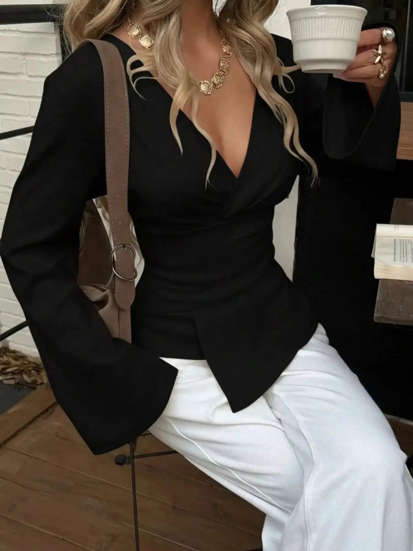 Elegant V-Neck Wrap Asymmetrical Blouse with Flared Sleeves by Trendsi