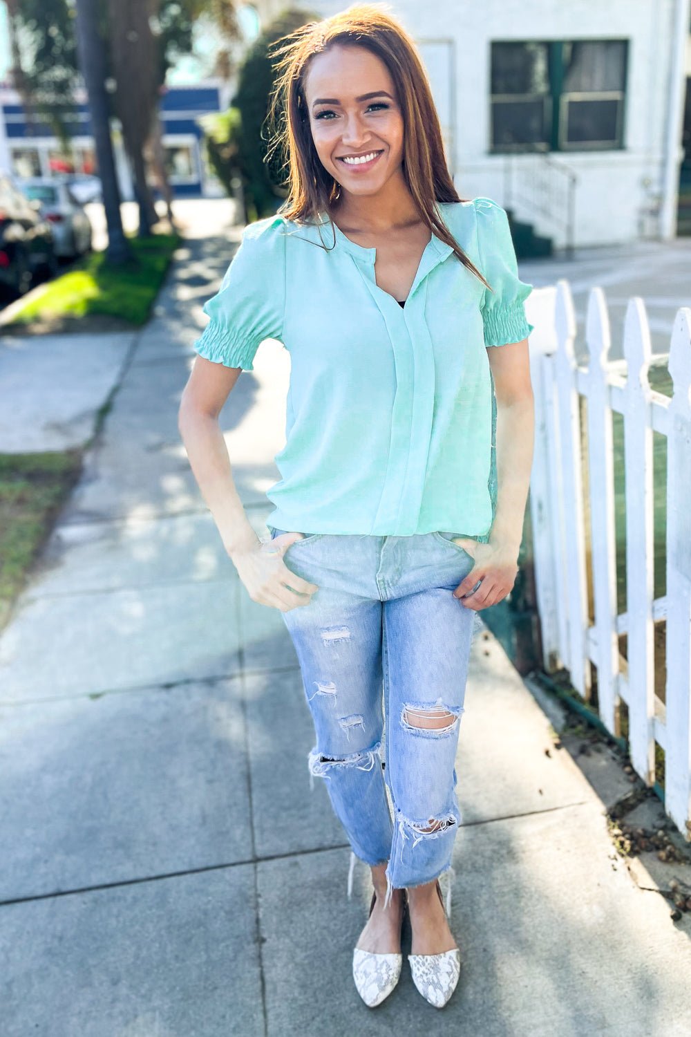 Elegant You Lilac Notched Neck Smocked Short Sleeve Blouse - Bitsy Gypsy Boutique