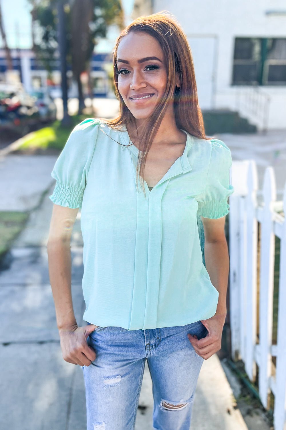 Elegant You Lilac Notched Neck Smocked Short Sleeve Blouse - Bitsy Gypsy Boutique