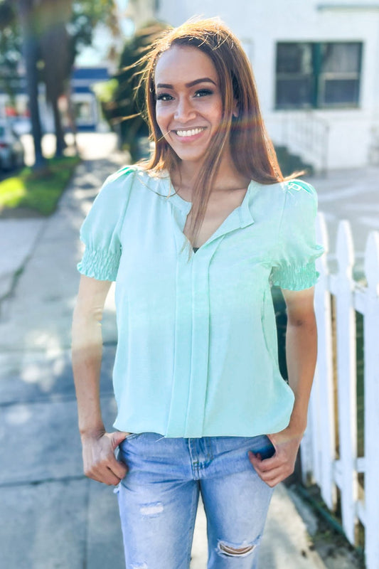 Elegant You Lilac Notched Neck Smocked Short Sleeve Blouse - Bitsy Gypsy Boutique