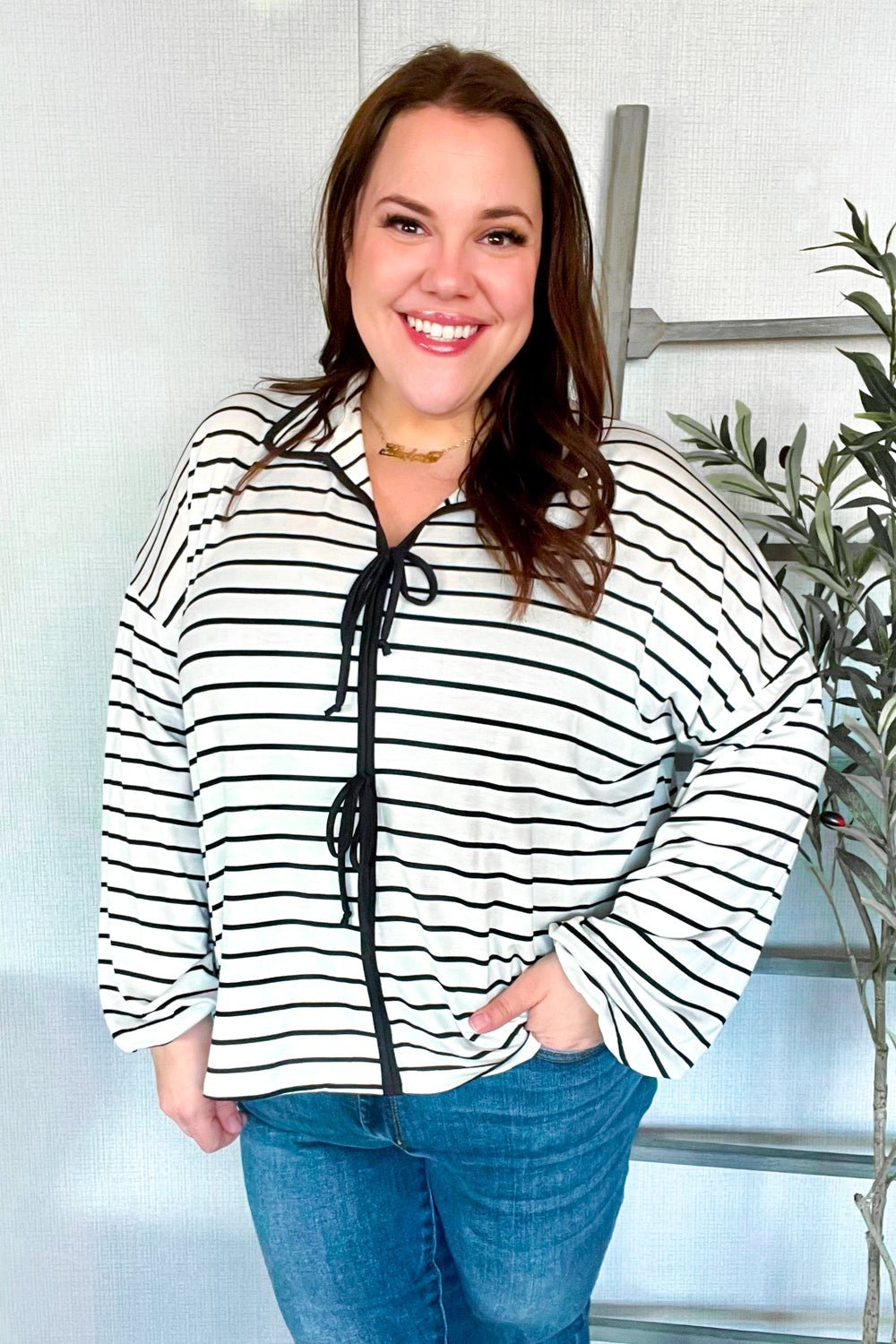 Embrace Joy Black & White Collared Stripe Ribbon Bow Tie Top - Bitsy Gypsy Boutique