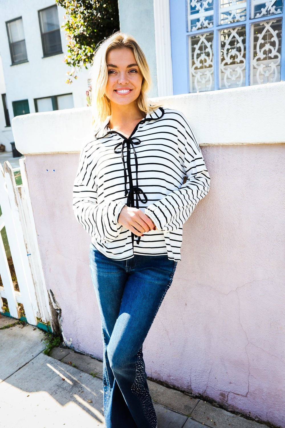 Embrace Joy Black & White Collared Stripe Ribbon Bow Tie Top - Bitsy Gypsy Boutique