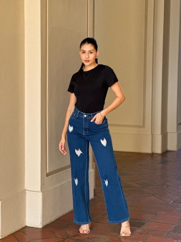 Embroidered Distressed Heart Wide Leg Denim Jean - Bitsy Gypsy Boutique