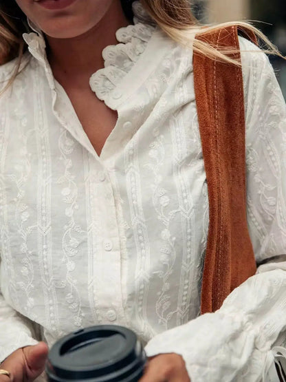 Embroidered Flounce Sleeve Shirt by Trendsi