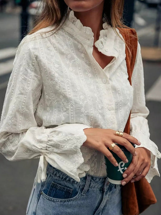 Embroidered Flounce Sleeve Shirt - Bitsy Gypsy Boutique