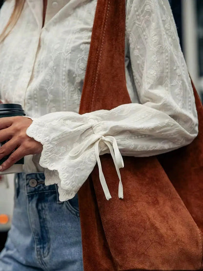 Embroidered Flounce Sleeve Shirt by Trendsi