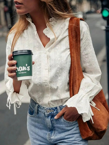 Embroidered Flounce Sleeve Shirt by Trendsi