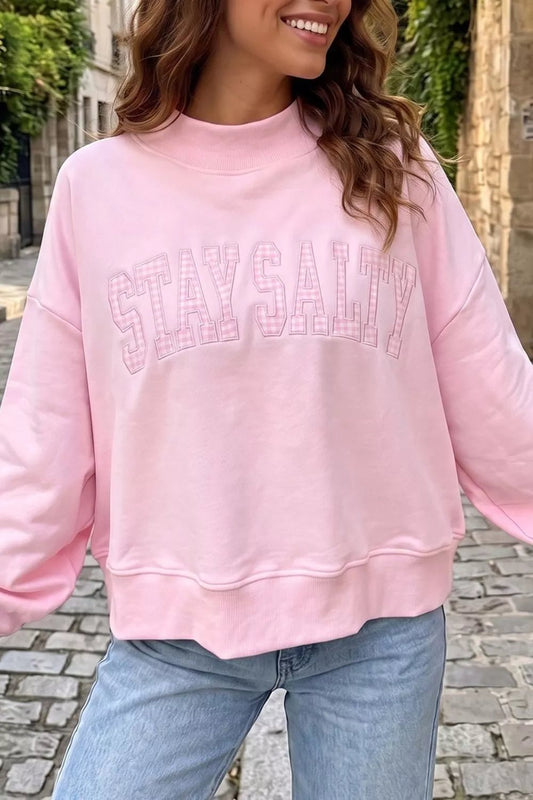 Embroidered Long Sleeve Stand Neck Shift Pullover Sweatshirt - Bitsy Gypsy Boutique