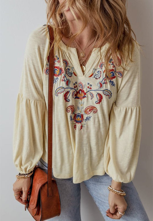 Embroidered Notched Long Sleeve Blouse - Bitsy Gypsy Boutique