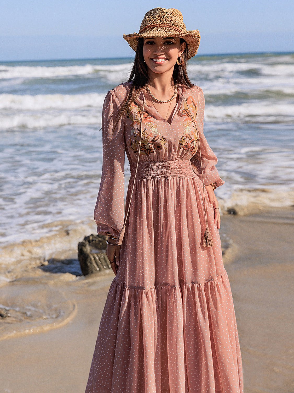 Embroidered Polka Dot Tie Neck Long Sleeve Midi Dress - Bitsy Gypsy Boutique