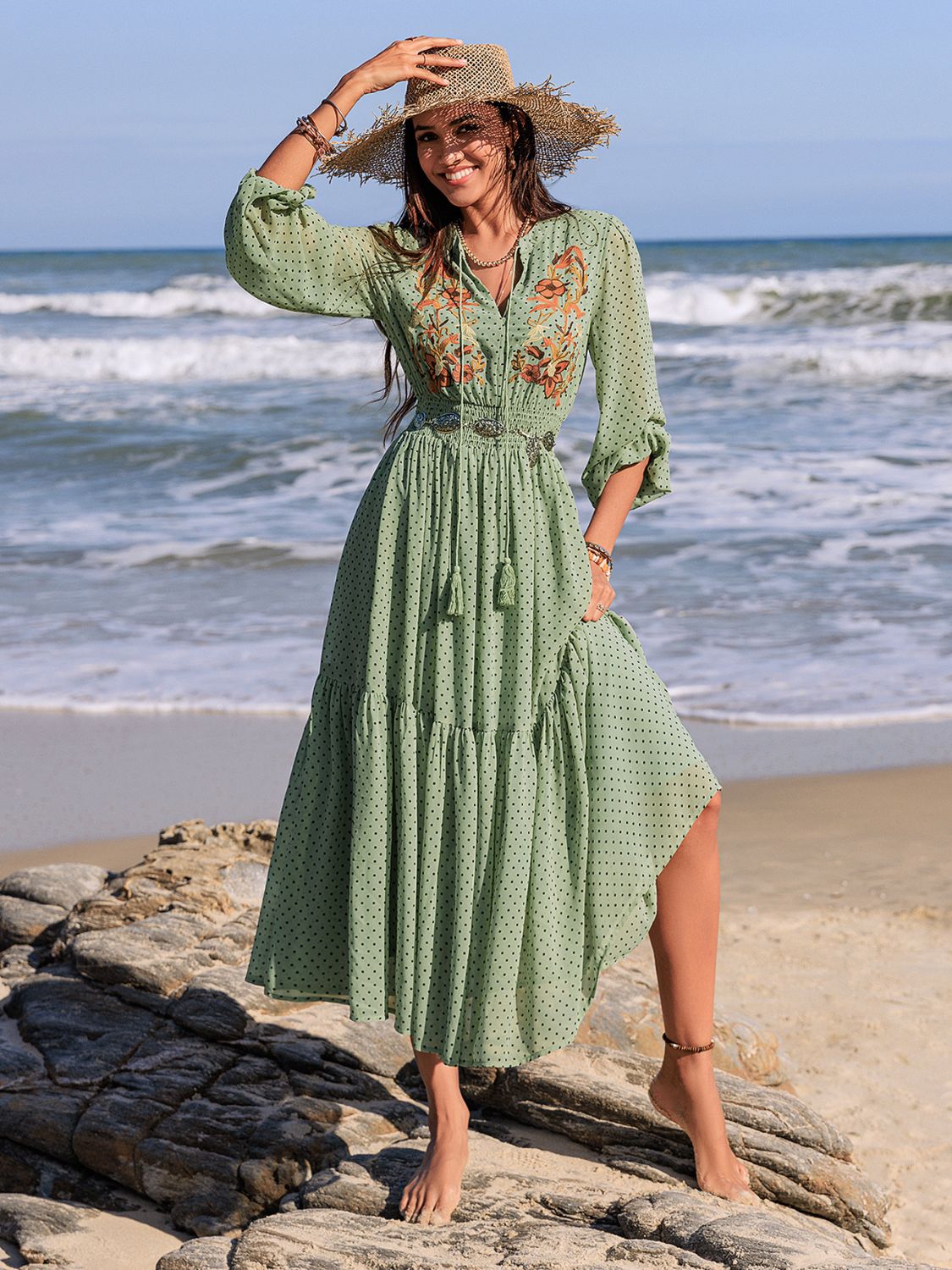 Embroidered Polka Dot Tie Neck Long Sleeve Midi Dress - Bitsy Gypsy Boutique