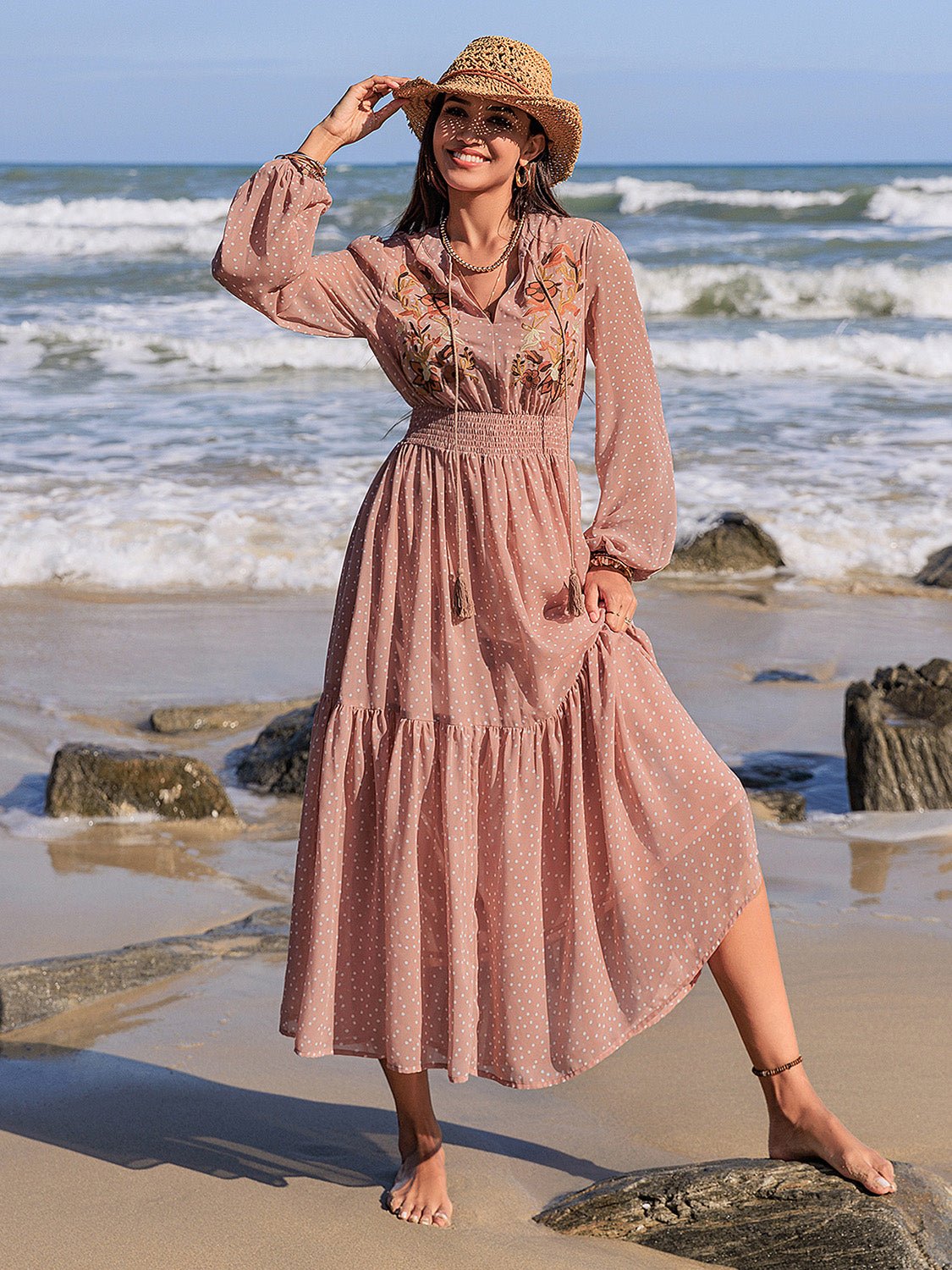 Embroidered Polka Dot Tie Neck Long Sleeve Midi Dress - Bitsy Gypsy Boutique