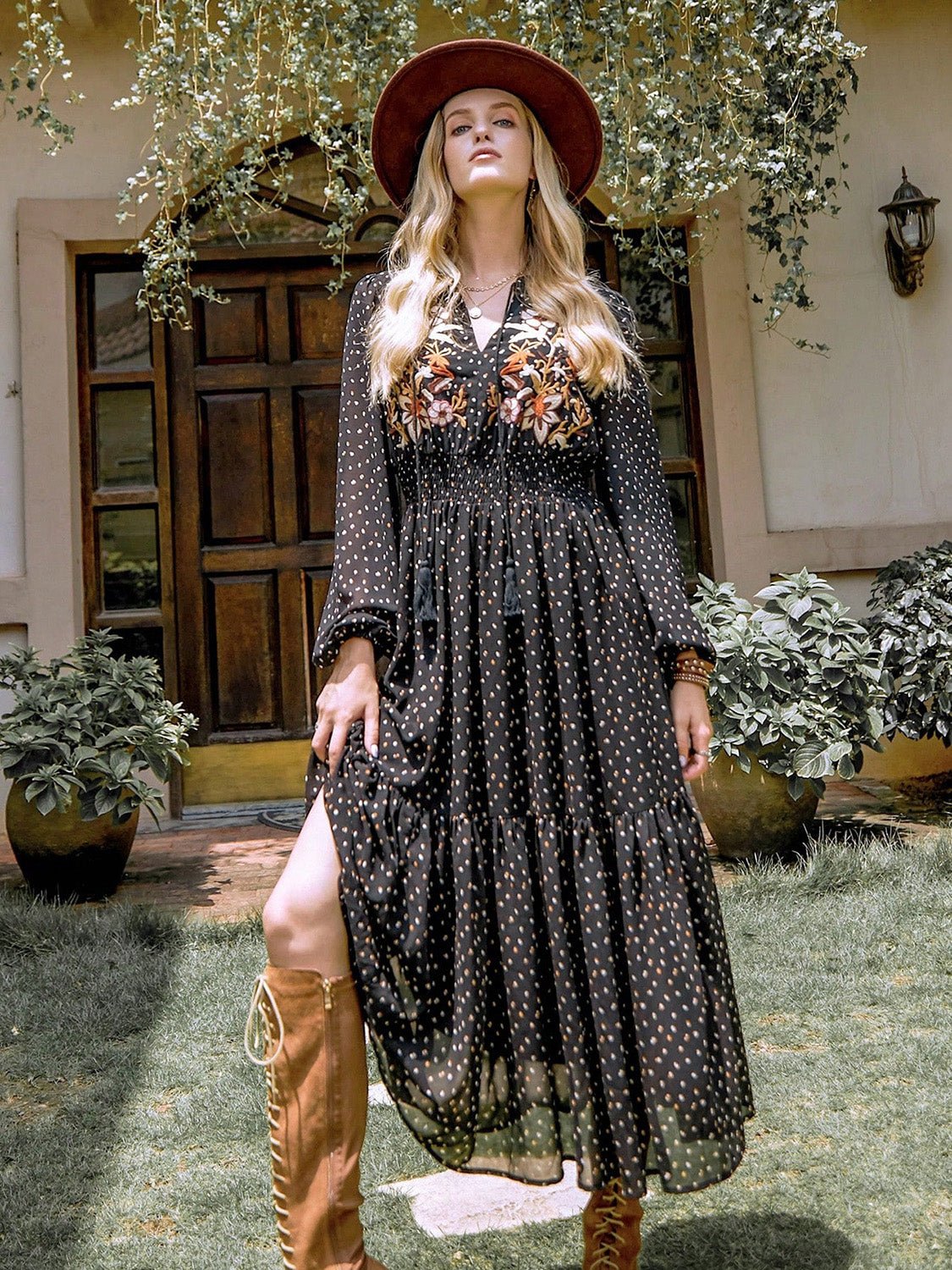 Embroidered Polka Dot Tie Neck Long Sleeve Midi Dress - Bitsy Gypsy Boutique