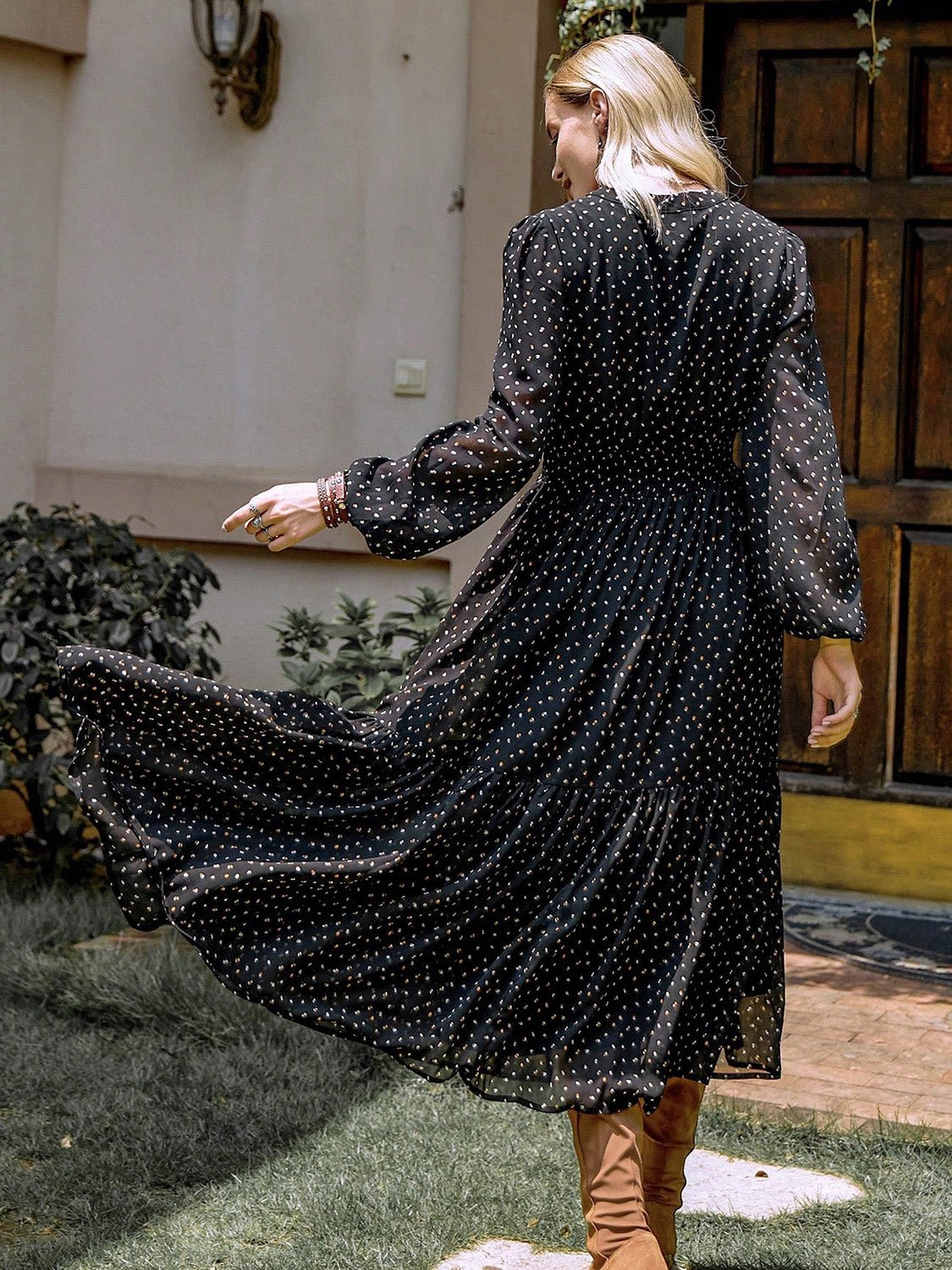 Embroidered Polka Dot Tie Neck Long Sleeve Midi Dress - Bitsy Gypsy Boutique