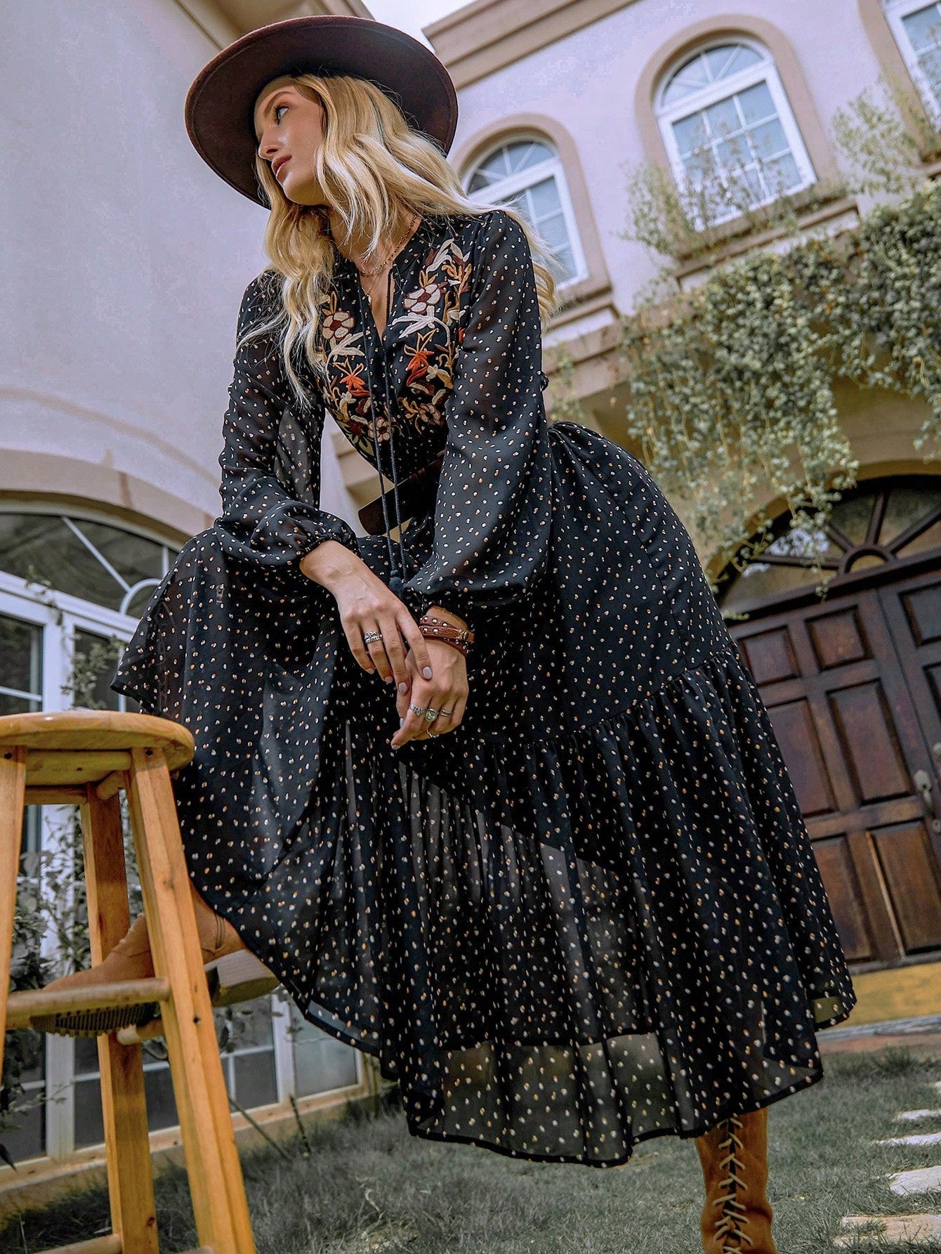 Embroidered Polka Dot Tie Neck Long Sleeve Midi Dress - Bitsy Gypsy Boutique