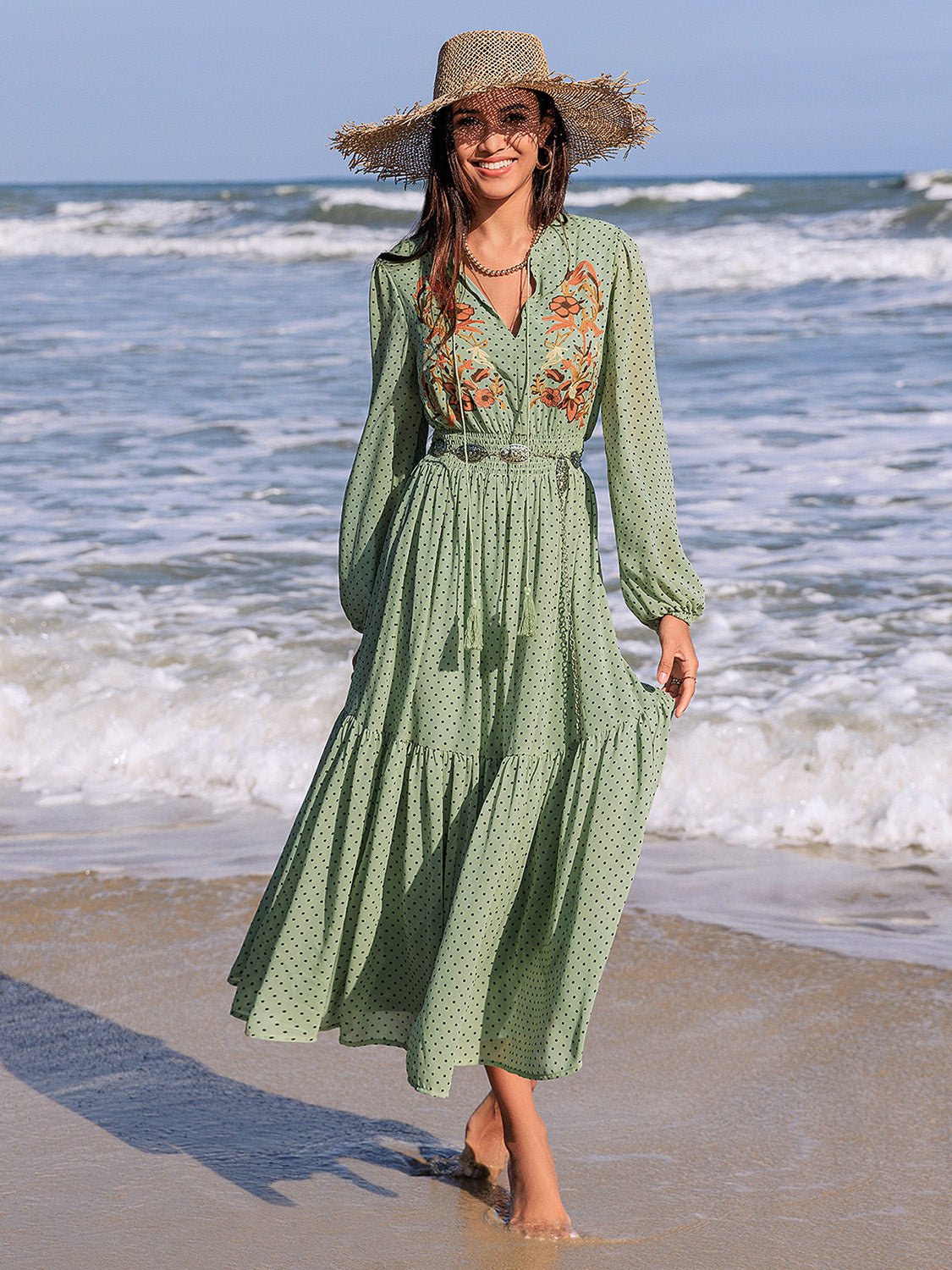 Embroidered Polka Dot Tie Neck Long Sleeve Midi Dress - Bitsy Gypsy Boutique