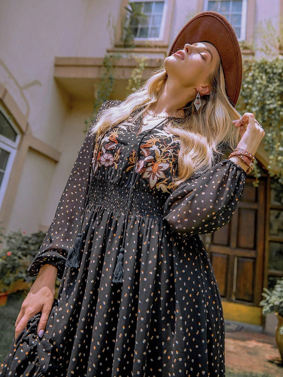 Embroidered Polka Dot Tie Neck Long Sleeve Midi Dress - Bitsy Gypsy Boutique