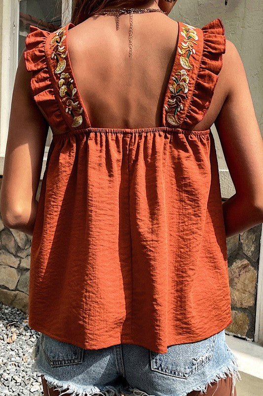 Embroidered ruffle sleeve tank - Bitsy Gypsy Boutique